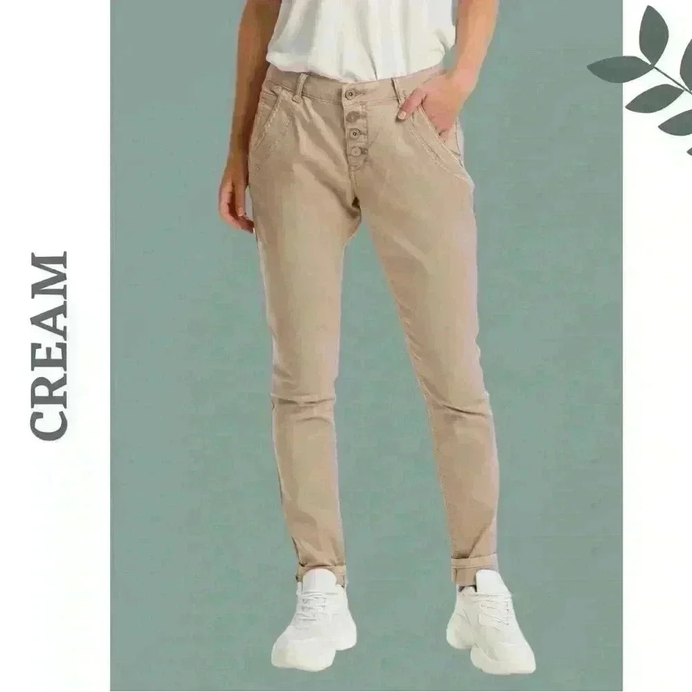 Cream Baily Regular Fit Cotton Twill Pant Exposed Button Detail Size 28 Tan